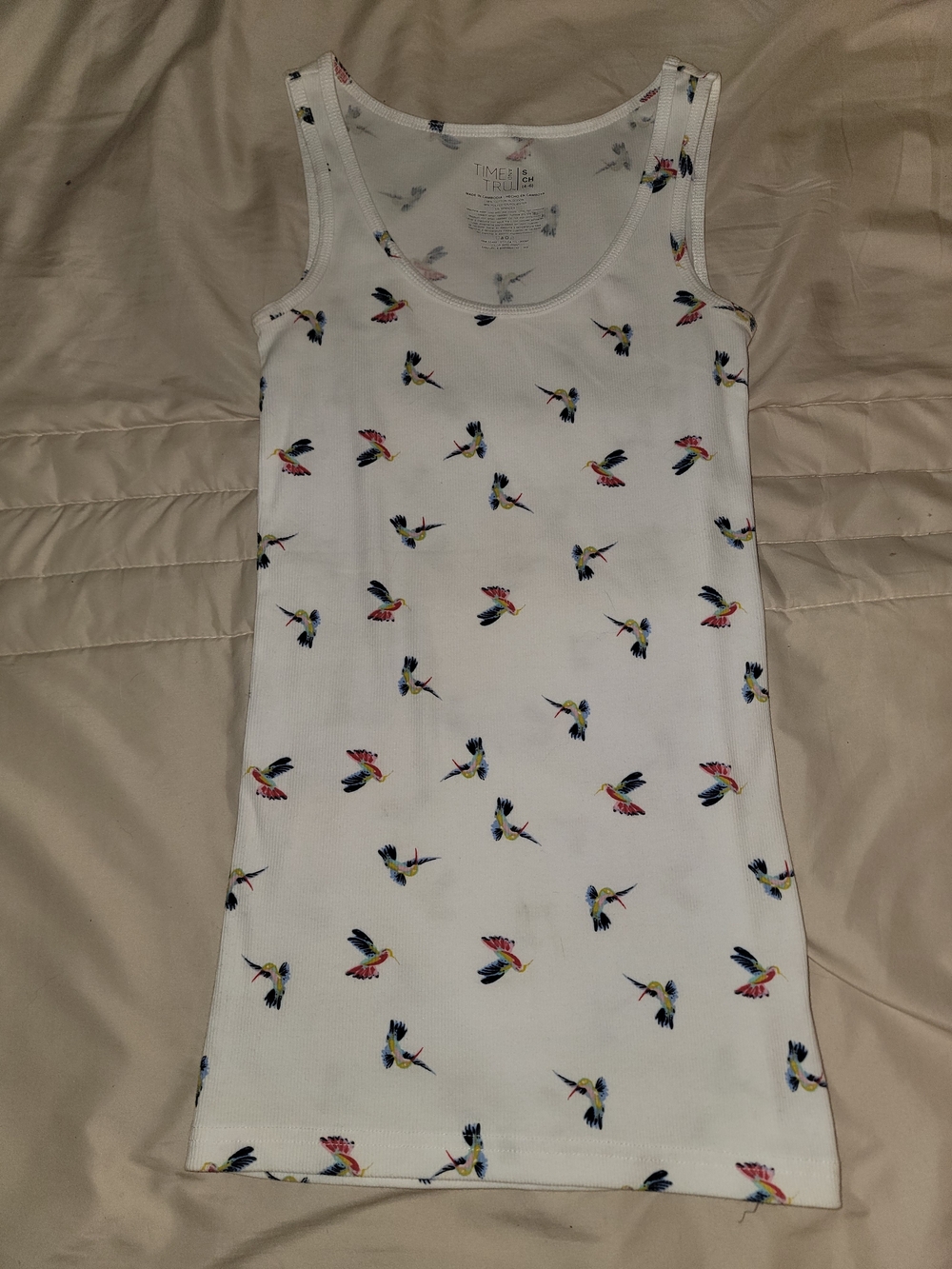 Time and Tru White Tank Dress with Colorful Hummingbird Print